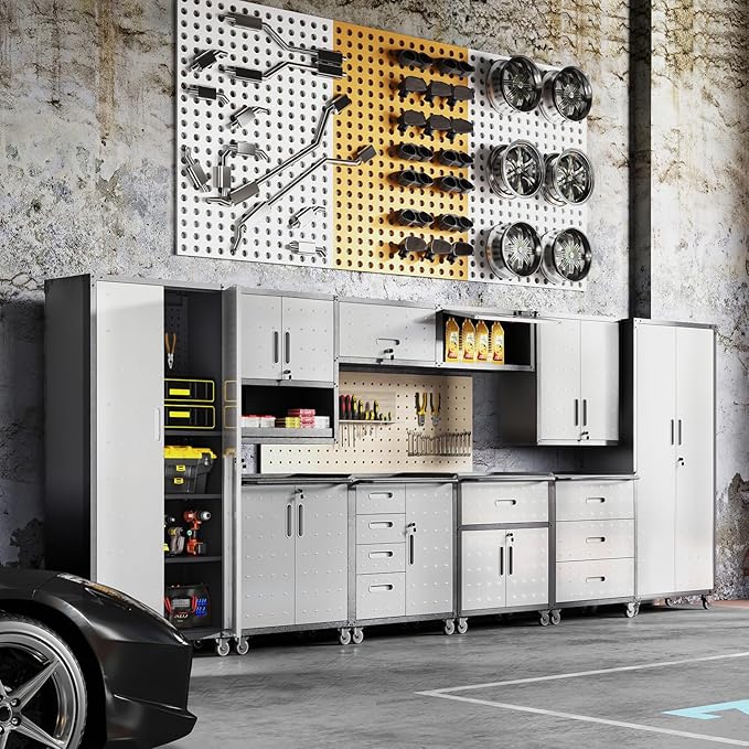 Garage Storage Cabinets System 8 PCS Workshop Set with Drawers Locking Heavy Duty Rolling Cart with Adjustable Shelves Garage Tool Workbench Cabinets (8 PCS)