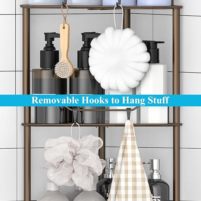 4 Tier Floor Standing Corner Shower Caddy Organizer Shelf with Hooks, Bathroom Shelves Stand Rack, Bronze