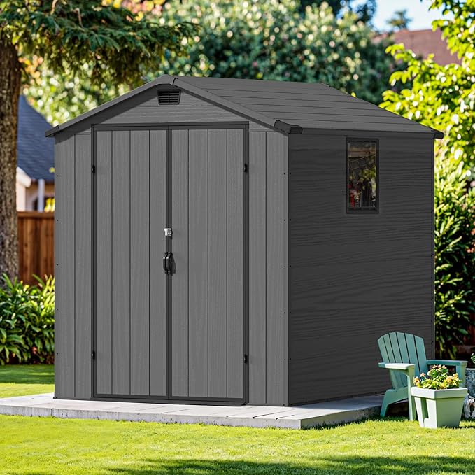 Devoko 6x6 FT Plastic Outdoor Storage Shed with Floor, Resin Garden Shed with Lockable Door and Window, Waterproof Outside Tool Storage Shed for Patio, Garden, Backyard, Dark Gray