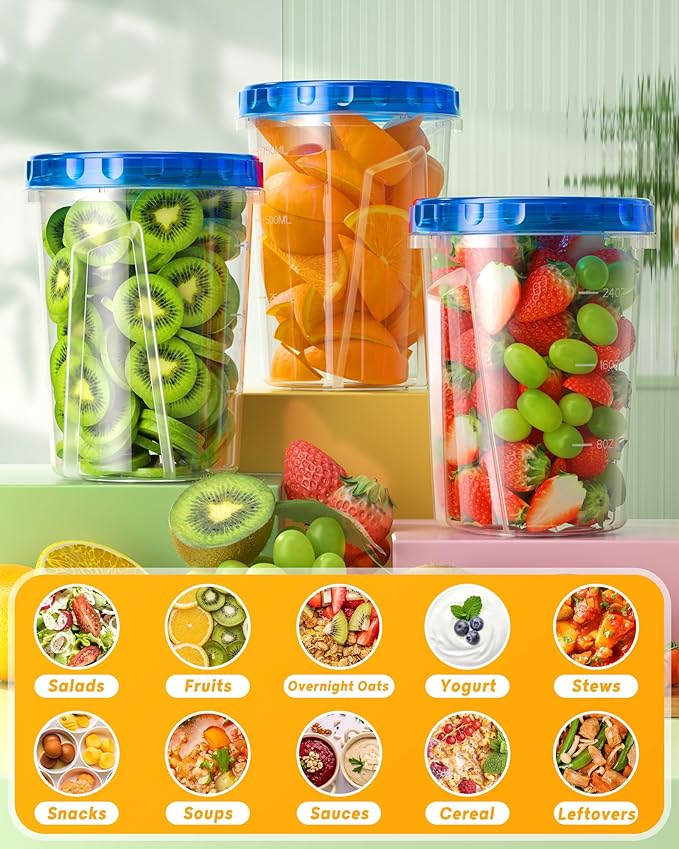 6 Pack-34 oz Freezer Storage Containers, Plastic Food Storage Containers with Twist Top Lids, BPA Free and Reusable Soup Containers with Lids, Leakproof/Microwave/Dishwasher Safe