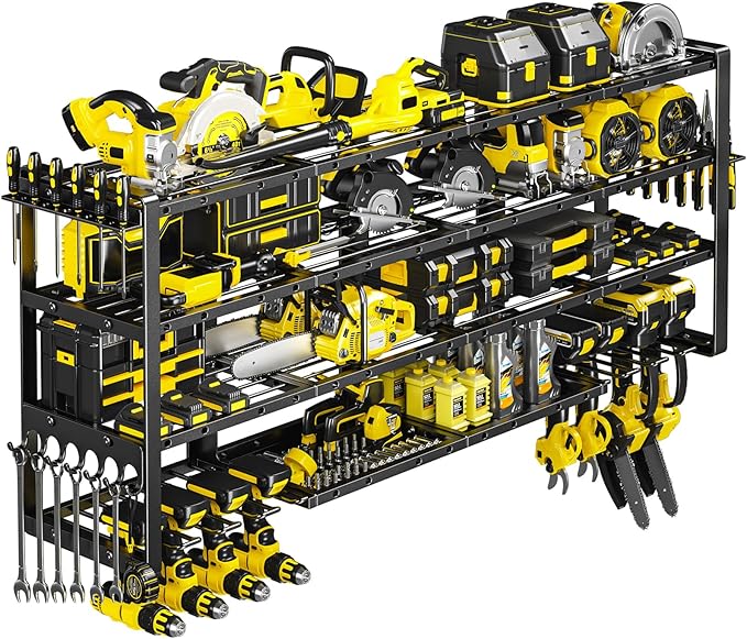 Extra Large 64" W Power Tool Organizer Wall Mount, Load 1000 lbs, Heavy Duty 4 Tier Garage Storage Rack with 8 Drill Holders, 2 in 1 Corner or Straight Installation, Gift for Men