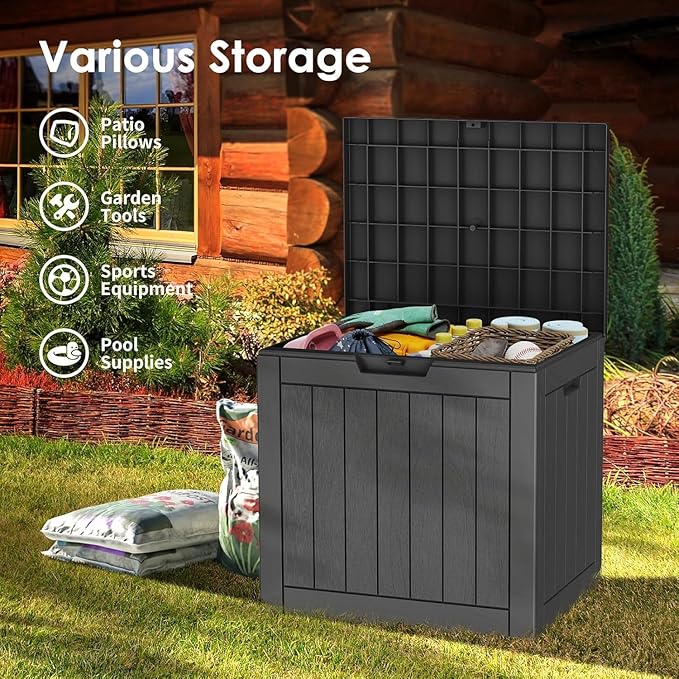 35 Gallon Lockable Resin Outdoor Storage Box, Waterproof & Weather Resistant Deck Box for Patio Cushion, Garden Tools & Pool Accessories, Black