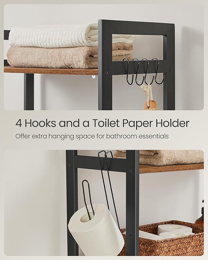 SONGMICS Over-The-Toilet Storage, 3-Tier Bathroom Organizer Over Toilet with Adjustable Shelves, Hooks, Bamboo, Freestanding Space Saver Bathroom Shelves, Rustic Brown and Ink Black UBTS012B01
