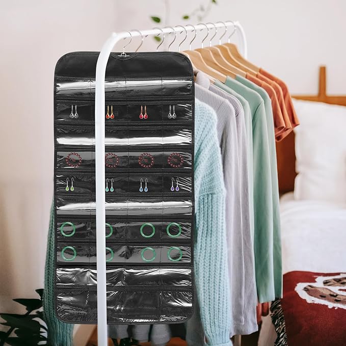 Hanging Jewelry Organizer Bag 80 Pockets Double-sided Jewelry Storage Holder for Necklaces Earrings Black Dustproof Wall and Door Accessory Organizer for Home Closet