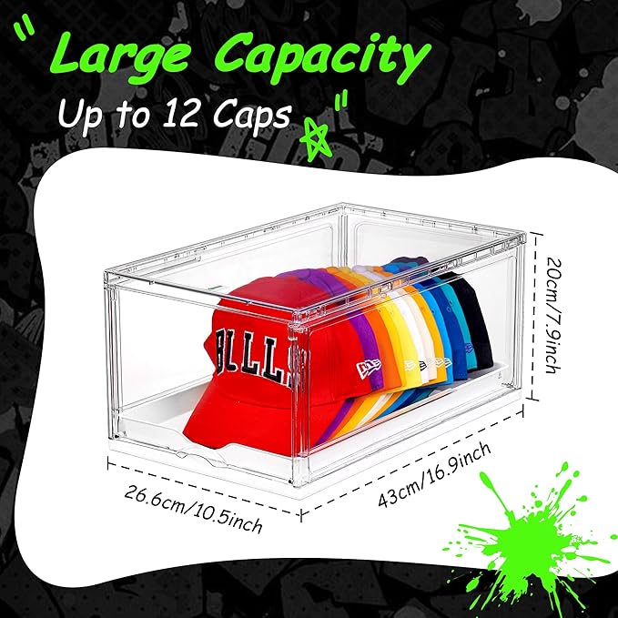 Vtopmart 2 Pack Hat Organizer for Baseball Caps, Clear Hats Holder Box with Drawer, Large Cap Storage with Sliding Tray, Stackable Rack Display Case with Magnetic Door, Each Holds 12 Hats