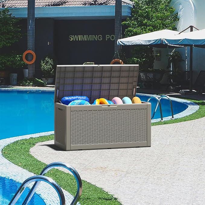 110 Gallon Outdoor Storage Box, Resin Deck Boxes Outdoor Waterproof For Patio Furniture, Garden Tools, Pool Supplies, Lockable And UV Resistant (Rattan Gray)