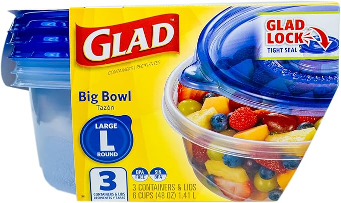 Glad GladWare Big Bowl Food Storage Containers, Large Round Bowl Holds 48 Ounces of Food - Glad Food Storage Containers for Everyday Use to Preserve Freshness, 3 Count - 6 Pack