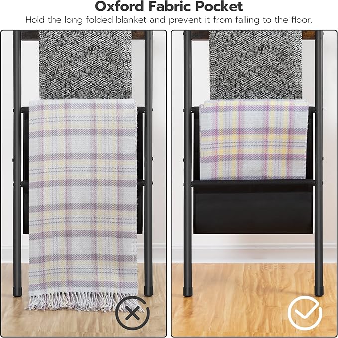 HOOBRO Blanket Ladder, 5 Tier Towel Rack, 17.3" L x 63" H, Wall-Leaning Blanket Rack for Living Room, Decorative Ladder with 4 Hooks and Magazine Pocket, Rustic Brown BF32CJ01
