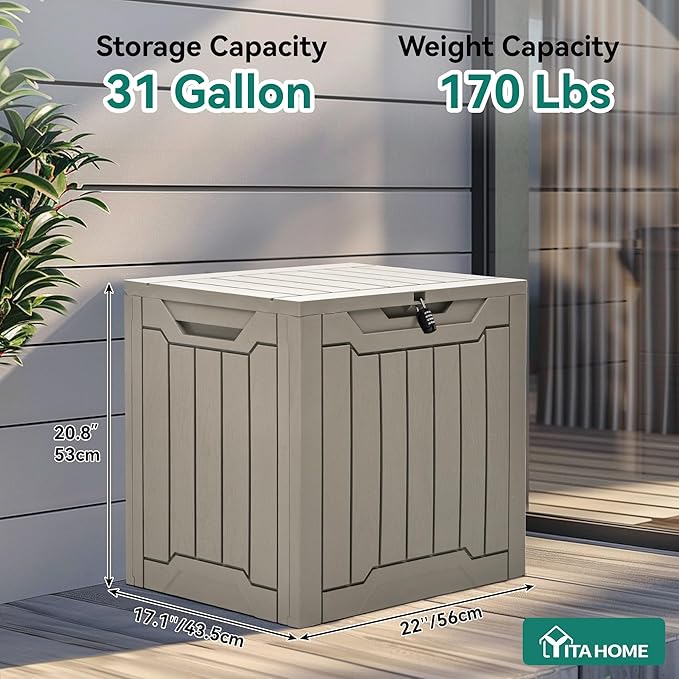 YITAHOME Outdoor Resin Storage Box 31 Gal, Water-resistant Patio Deck Box Outdoor Storage Box for Pillows, Garden Equipment, Securely Lockable, Light Brown