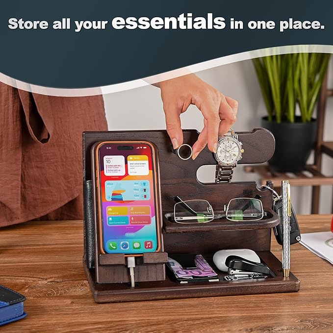 TESLYAR Wood Phone Docking Station for Men - Desk or Nightstand Organizer - Birthday Gifts for Husband, Dad - Anniversary Idea from Wife - Key Holder, Stand Wallet, Watch & Essentials (Wenge)