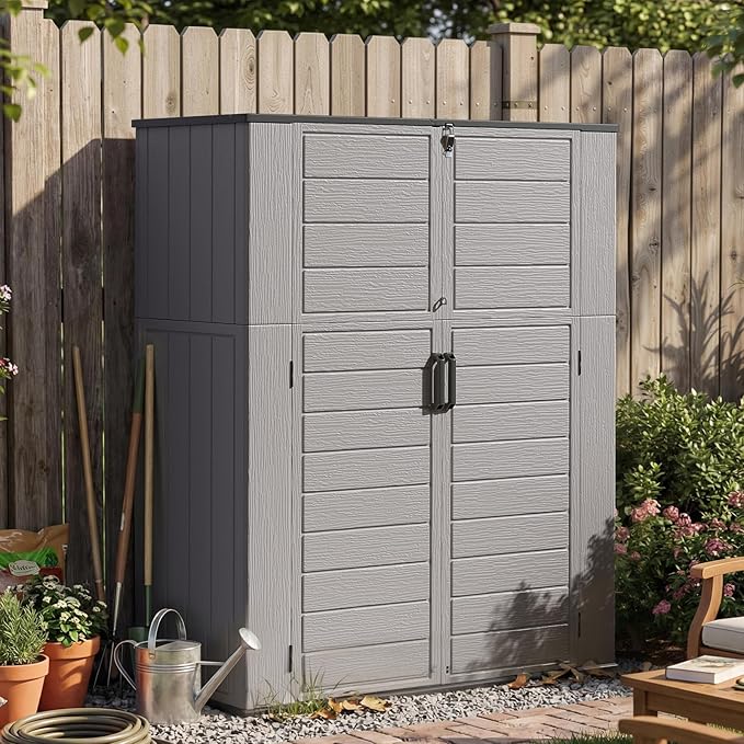 Aoxun 61 Cu.Ft Outdoor Storage Shed, Widened Outdoor Storage Cabinet Waterproof Vertical Resin Shed with Floor for Patio, Garden Tools, Pool Equipment, Easy to Assemble (Grey)
