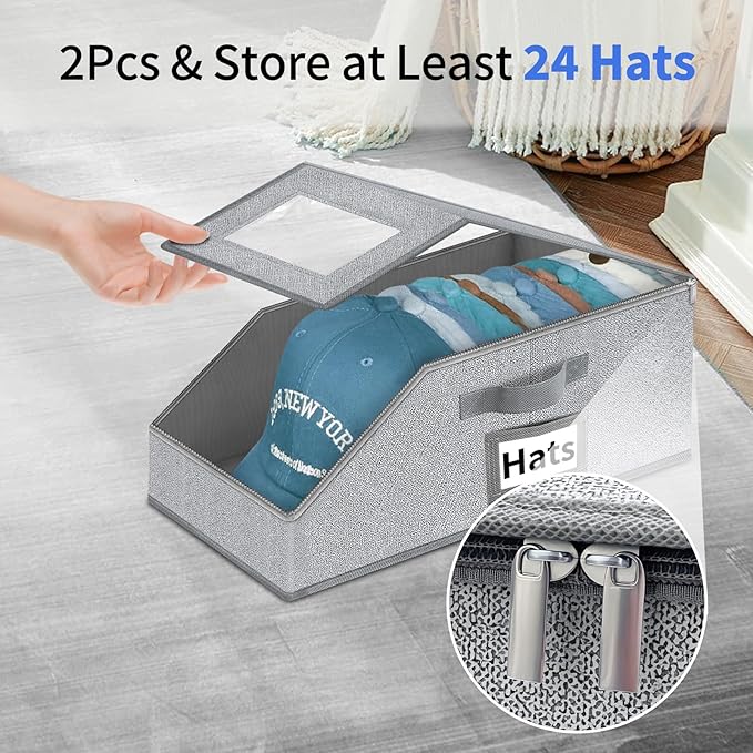 Aokeyee Hat Organizer for Baseball Caps - 2PCS Stackable Storage with Clear Window Lid, Flip-Top Access, Space-Saving Hat Box for Closet, Breathable Fabric (Grey)