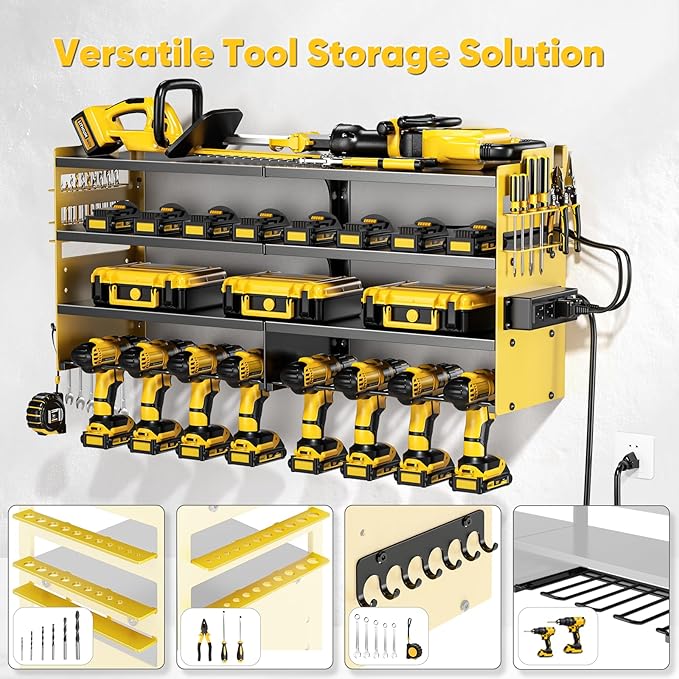Large Power Tool Organizer Wall Mount with Charging Station,4 Layer Heavy Duty Metal Storage Rack Loads 600lbs with 8 Cordless Drill Holder,Battery Utility Rack Gift for Garage workshops Room