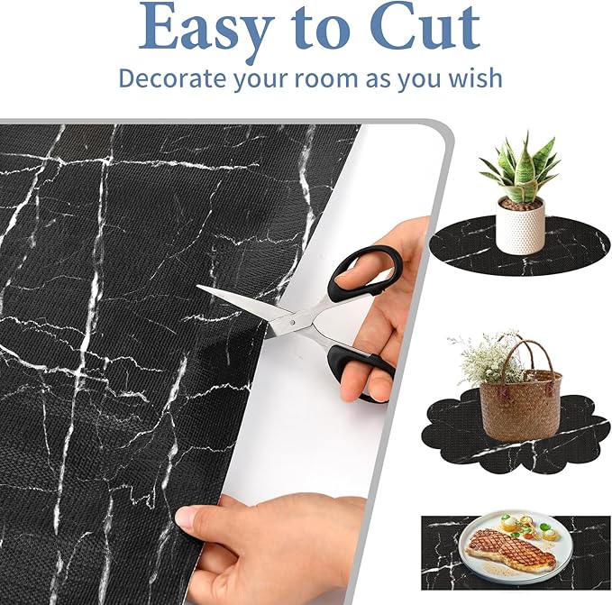 Drawer and Shelf Liner for Kitchen Cabinet: 17 in X 20 Ft Non Slip Waterproof Shelf Paper Non Adhesive Refrigerator Liners Black Marble Easy Liners for Bathroom with Knife Tape Measure