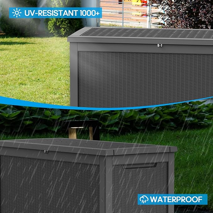 320 Gallon Outdoor Deck Box,Waterproof Resin Outdoor Storage Boxes, Outside Storage Lockable Container for Garden Tools,Indooor Cushions,Accessories (Black)