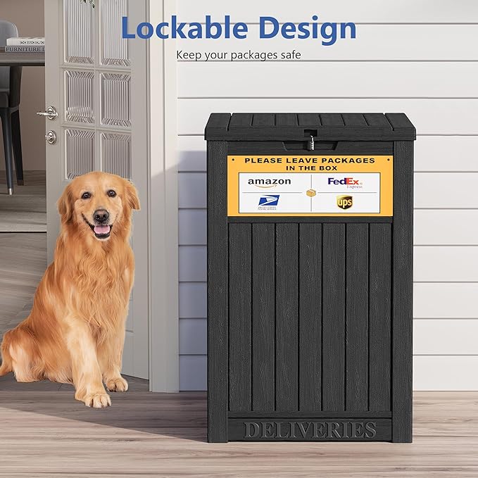 Package Delivery Box for Outside with Sign, 48 Gallon Storage with Lockable Secure, Large Double Wall Resin Outdoor Package Delivery Waterproof