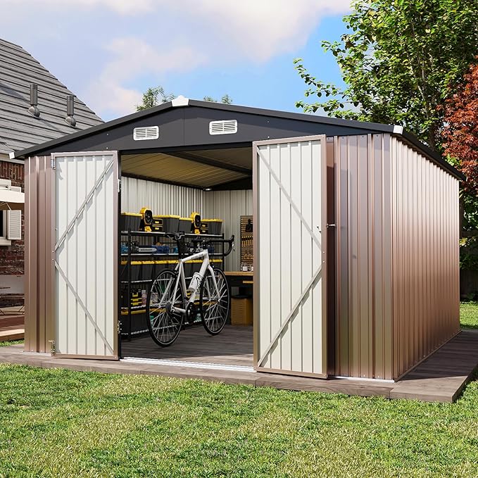 Aoxun 10x12 FT Outdoor Storage Shed - Metal Garden Tool Shed with Lockable Doors & Slooping Roof, Waterproof Outside Storage Shed Ideal for Tools, Garden Equipment & Bikes, Patio Placement(Brown)
