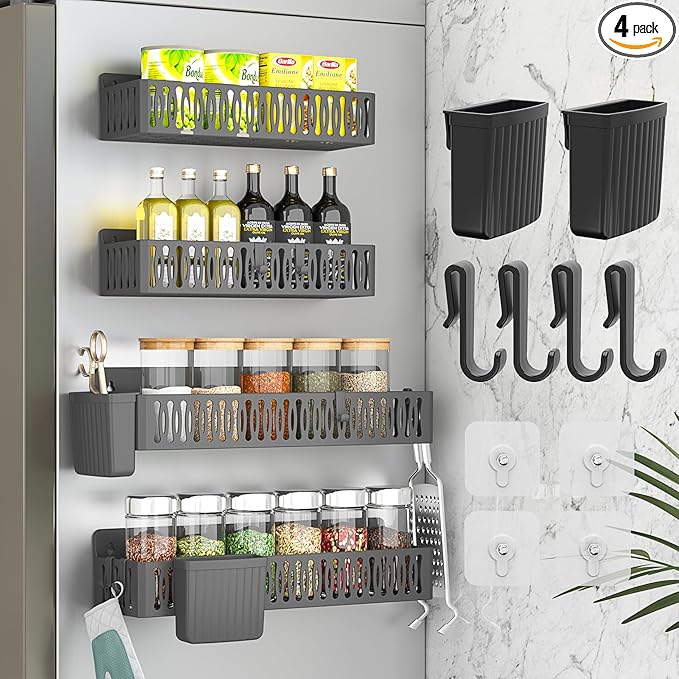 4 Pack Large Magnetic Spice Rack for Refrigerator, Spice Rack Organizer, Moveable Magnetic Shelf Fridge Organizer with 4 Hooks for Kitchen and Oven Organization, Black