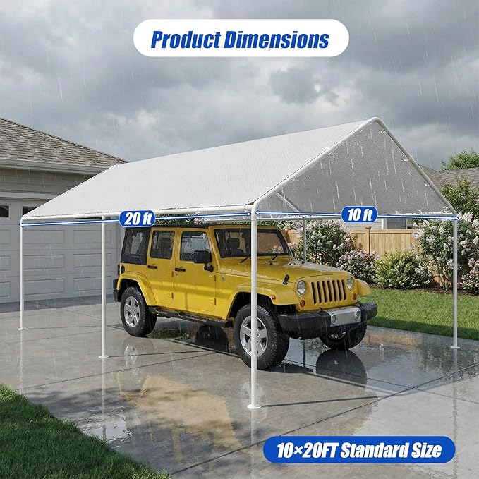 10x20Ft Carport Replacement Canopy Cover, Heavy Duty Waterproof Garage Top Shelter Cover Car Canopy with Ball Bungees(Frame Not Include)