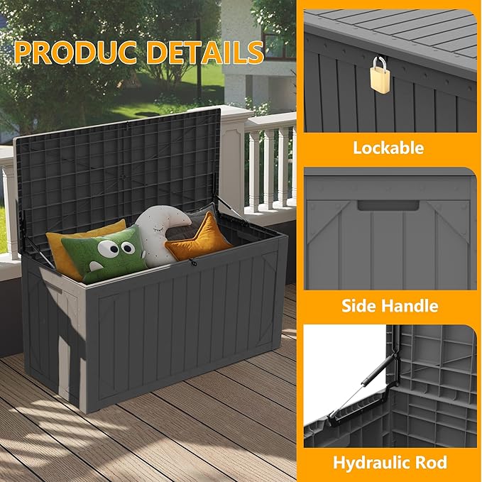 100 Gallon Waterproof Large Resin Deck Box，Storage Box for Patio Cushions(Grey)