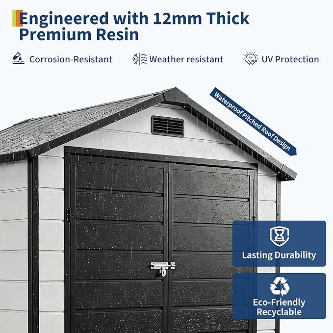 6x4 FT Outdoor Storage Shed with Floor, Plastic Resin Garden Shed with Window & Sloping Roof & Lockable Door for Patio Backyard Garden, Lawn Mower, Bike, Tool Storage