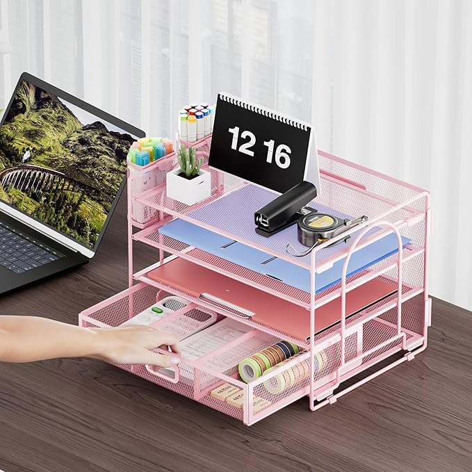 Marbrasse Desk Organizer and Accessories4-Tier Paper File Letter Tray Accessories & Workspace Desk Organizers with Drawer and 2 Pen Holders for School Home Office Supplies(Pink)-2P
