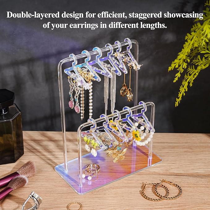 NiHome Acrylic Earring Holder with Unique Double-Tiered Design, Miniature Clothing Hangers with Spacious Storage for 48 Pairs, Mirror-Finish Display for Home Vanity & Retail Showrooms (Iridescent)
