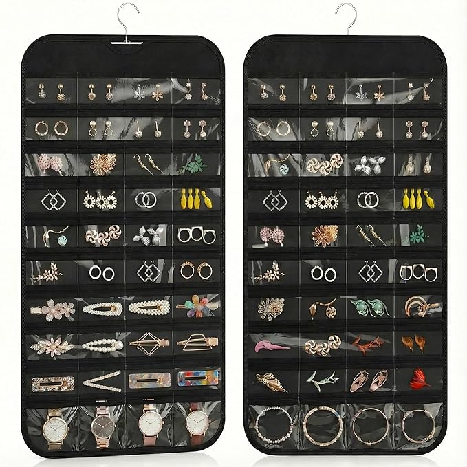 Hanging Jewelry Organizer Double Sided with 80 Clear Pockets, Necklace Organizer Hanging for Closet and Wall, Jewelry Organizer with Hanger, Over the Door Jewelry Organizer, Large Jewelry Storage Bag