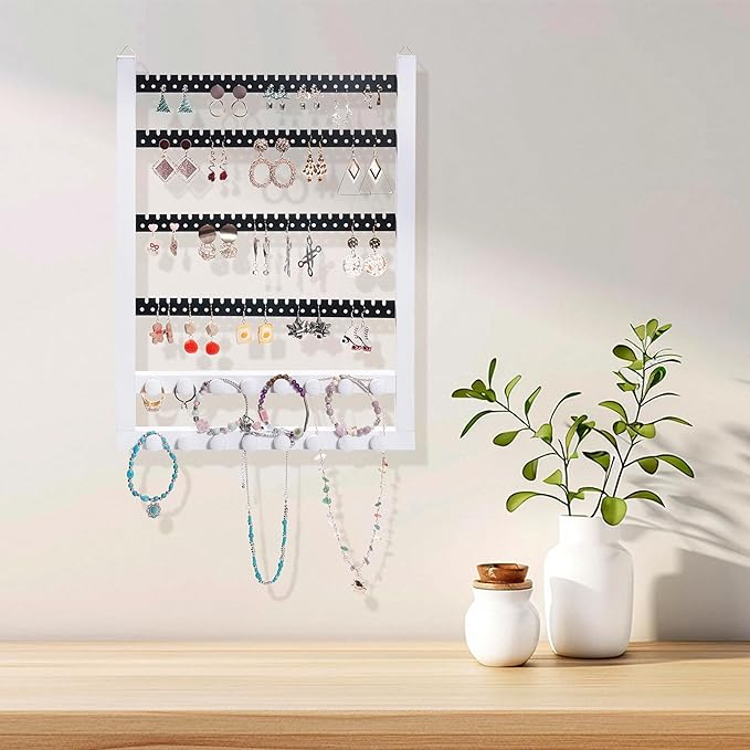 Solid Wood Earring Hanging Jewelry Organizer Wall Mounted Earring Organizer and Necklace Holder- Earring Display for studs, dangling, Necklace, Bracelet, and Rings-White Color