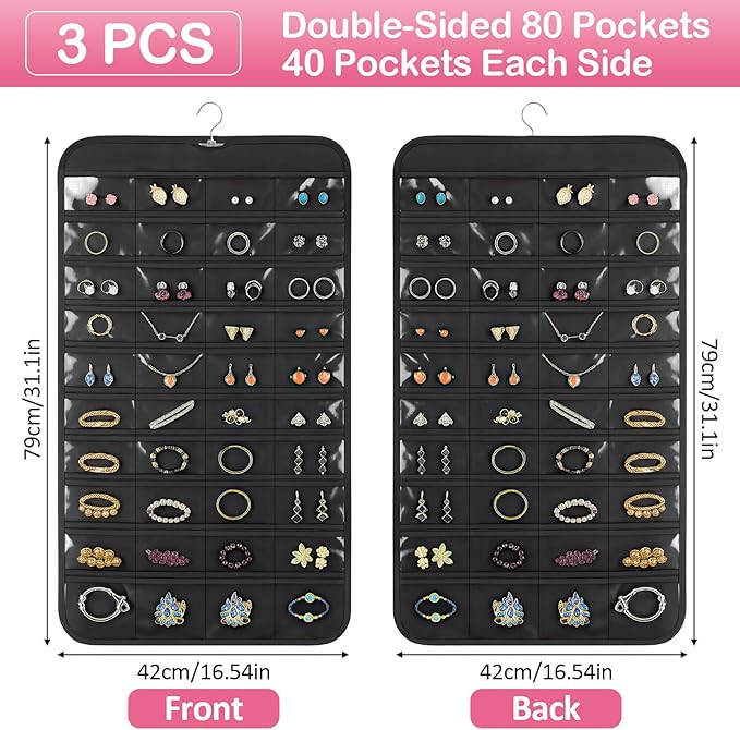 Hanging Jewelry Organizer for Closet with Swiveling Hanger, 17 x 30 In, 80 Clear Pockets Jewelry Organizer Hanging for Jewelries, Earrings, Accessories (Beige) (3, Black)