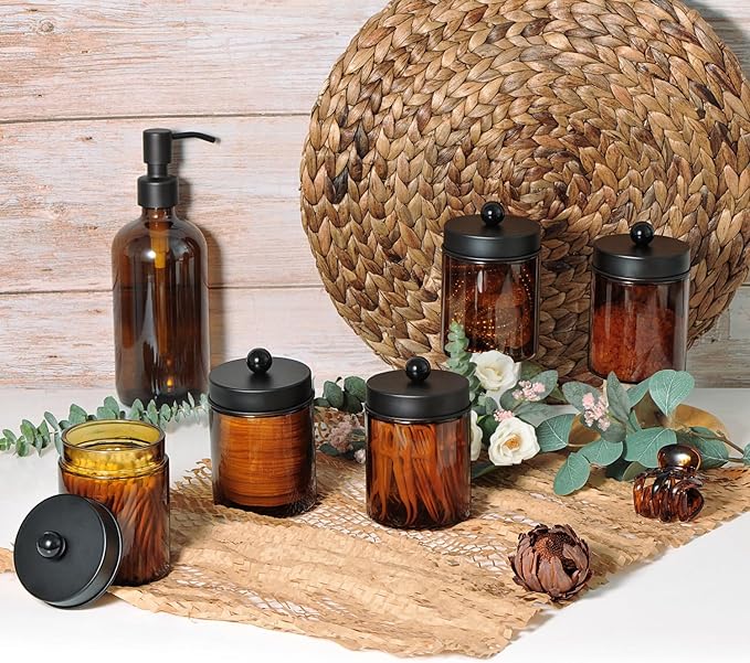 Amolliar Amber Glass Qtip Holder, Apothecary Jars with Matte Black Metal Lid & Stickers-Bathroom Qtip Dispenser Storage Organizer Set,Vanity Counter Canister for Cotton Swabs,Round Pads,Floss (6 Pack)