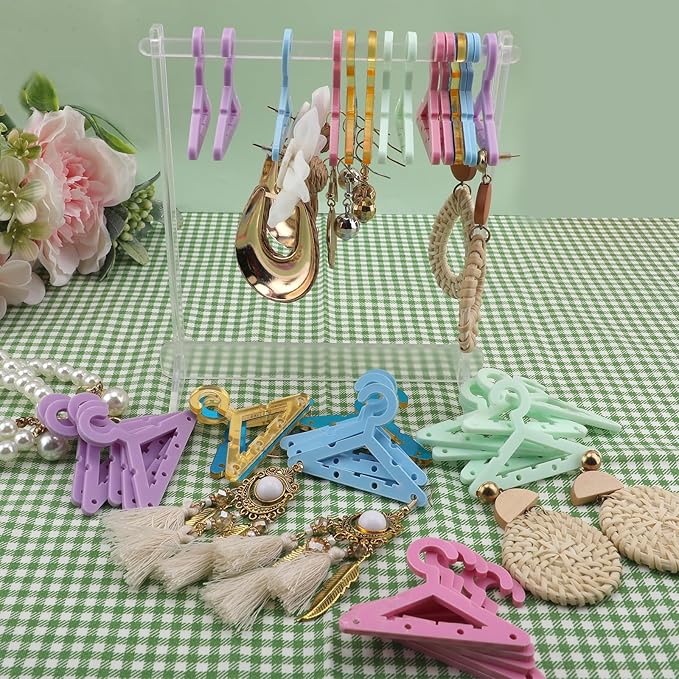 40pcs Colorful Acrylic Earring Hangers - Mini Jewelry Display Rack for Dangling Earrings, Organizer for Retail Store or Home Decor (Hanger+Floor Rack)
