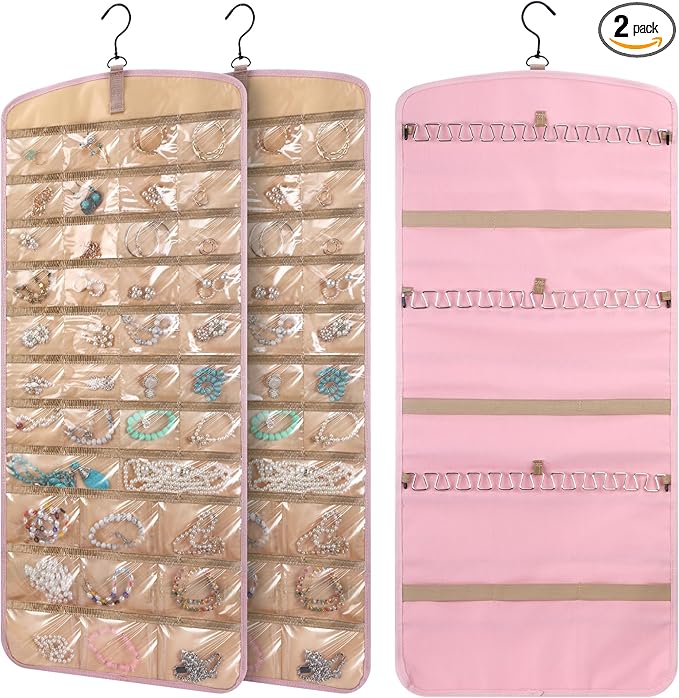 2 Pack Hanging Jewelry Organizer Storage with 39 Pockets, 30 Necklace Hooks Double Sided Wall Mount Earring Holder Organizer Bracelet Necklace Jewelry Display Hanger for Closet Door(Pink)
