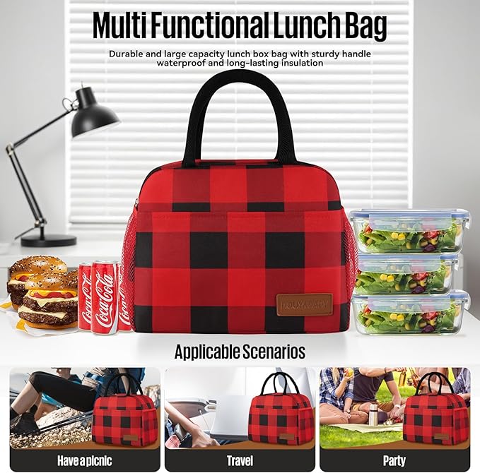Lunch Bag Women/Men Lunch Box Women/Men (Red+Black Blocks)