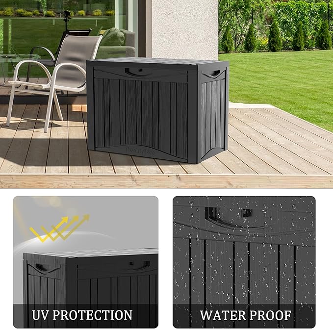 50 Gallon Lockable Resin Outdoor Storage Box, Waterproof & Weather Resistant Deck Box for Patio Cushion, Garden Tools & Pool Accessories, Black