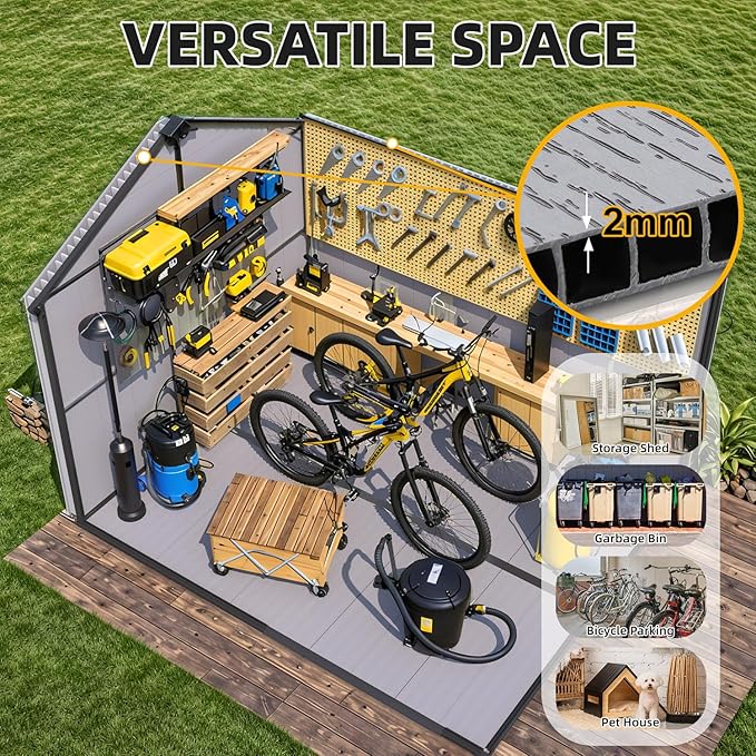 MELLCOM 10 x 8 FT Resin Outdoor Storage Shed with Floor, Resin Outdoor Storage Tool Shed with Windows and Lockable Door, Garden Shed for Lawnmower, Bike, Pool Supply