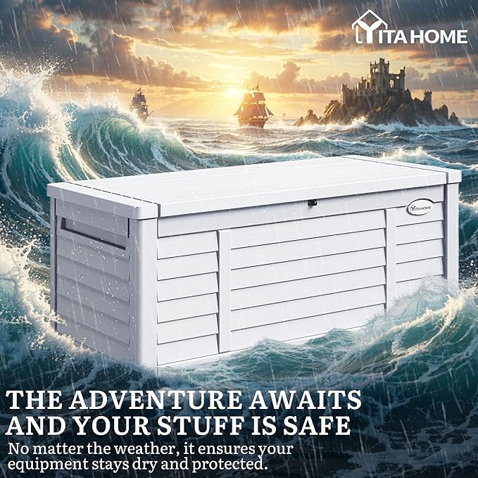 YITAHOME 150 Gallon Large Outdoor Storage Deck Box, Waterproof Cushion Storage Bench with Lockable Lid for Patio, Pool Supplies, Garden Tools, Resin, White