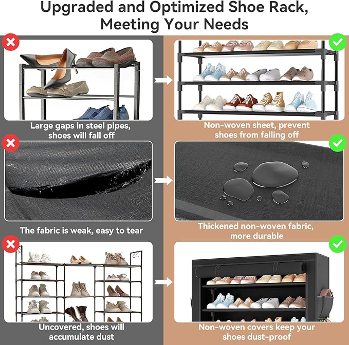 Shoe Rack with Covers 5 Tier Tall Shoe Rack Organizer Large Capacity Shoe Shelf Storage 20-24 Pairs Space Saving Free Standing Shoe Storage Organizer for Closet, Entryway, Dorm, Black