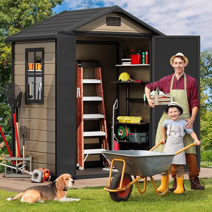 DWVO 6x4 FT Resin Storage Shed with Floor, Outdoor Storage Shed with Lockable Door, Window and Vents, Waterproof Plastic Tool Storage for Garden, Backyard, Patio, Lawn, Brown