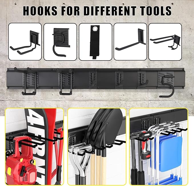 48" Garage Tool Organizer Wall Mount, Heavy-Duty Garden Tool Storage Organization System with 8 Adjustable Hooks & 2 Straps for Garage Basement Yard Shed (13 Pcs) Black