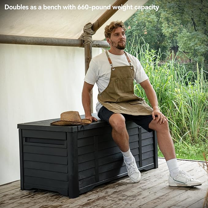 DWVO 150 Gallon Large Deck Box Waterproof Outdoor Storage Box, Extra Large Storage Bin, Resin Louvered Patio Storage for Indoor Pillows, Garden Tools & Pool Supplies, Lockable, Black