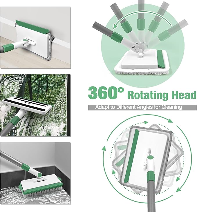 Baseboard Cleaner Tool with Handle, Wall Cleaner Mop with 54.7'' Adjustable Long Handled 1 Scrubber Brush Mop Head and 4 Reusable Cleaning Pads for Baseboards Cleaning, Ceiling, Skirting Board