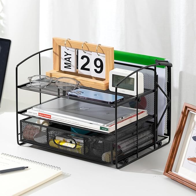 Amazon Basics Sturdy Rectangular Desktop Organizer with 3 Trays, Sliding Drawer and Hanging File Holder for Office Supplies, Black
