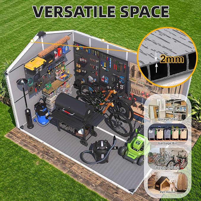 MELLCOM 8 x 12 FT Resin Outdoor Storage Shed with Floor, Outdoor Storage Tool Shed with Windows and Lockable Door, Resin Garden Shed for Garbage Can, Lawnmower, Bike