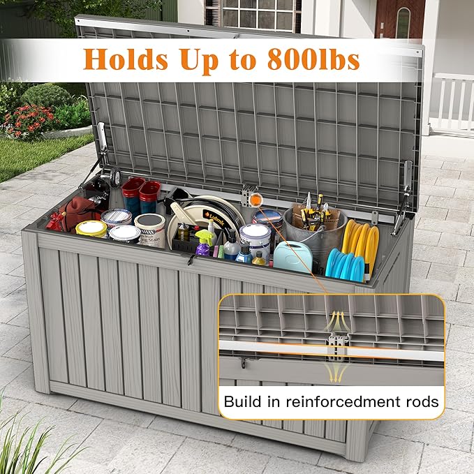 200 Gallon Outdoor Storage Box, Waterproof Deck Box with Handles and Lockable Lid, Resin Patio Storage Box with Hydraulic Rods for Garden Tools, Cushions, Grey