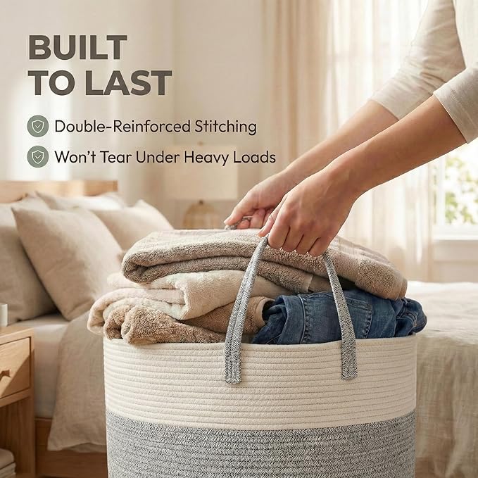 65L Extra Large Blanket Basket for Living Room - Woven Cotton Rope Laundry Hamper with Reinforced Handles - Storage Bin for Pillows, Comforters & Toys - Machine Washable,White&Grey