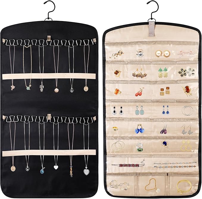 HAKACC Jewelry Organizers and Storage with Hanger Metal Hooks Double-Sided Necklace Hold Organizer, Over the Door Jewelry Storage