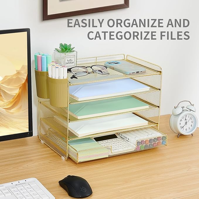 Desk Organizers and Accessories, 5-Tier Paper Letter Tray Organizer with Drawer & 2 Pen Holders, Desktop Organizer for Office Supplies (Gold)
