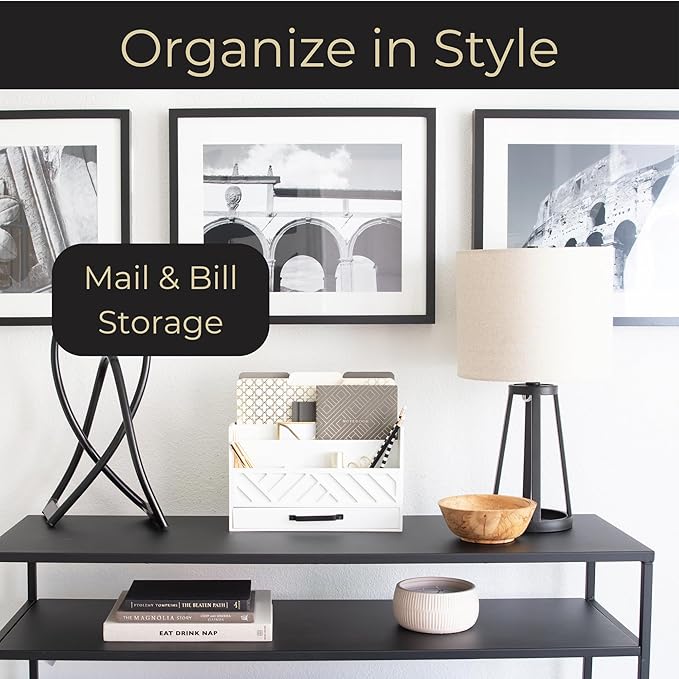 BLU MONACO | Wooden Mail Organizer with Drawer | Mail Organizer Wood Desktop Storage | Tabletop Organizer with Drawers White Farmhouse Desk Sorter