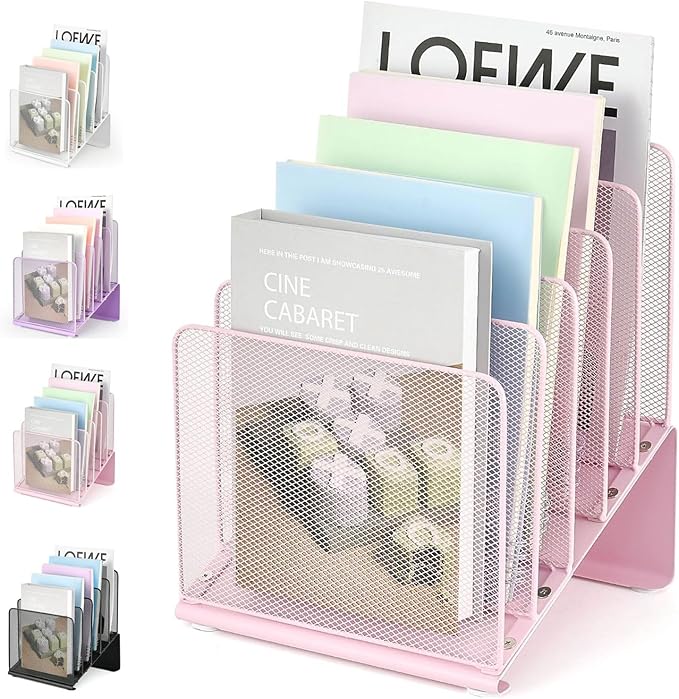 File Organizer for Desk, Desk Organizer with 5-Section Vertical File Rack, Folder Organizer,Workspace Organizers (Pink)